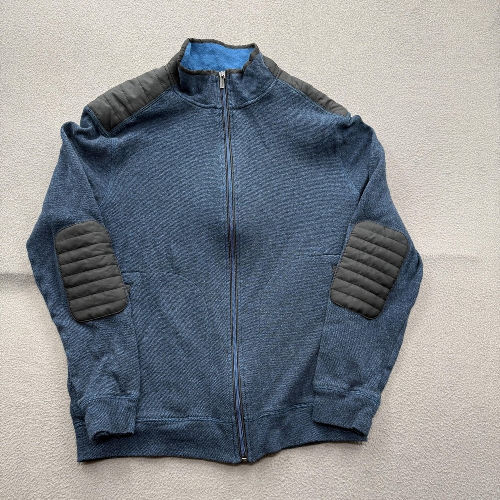 Bugatchi‎ Uomo Sweater Mens Large Blue Full Zip Mock Neck Quilted Patches
